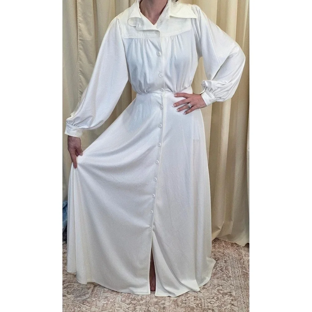 Neiman Marcus vintage Maxi Dress Long Sleeve Button Front‎ Collared White xs/sm - Picture 4 of 11